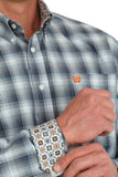 Cinch Men's Turquoise Plaid Printed Long Sleeve Button Down Shirt with detailed cuffs