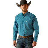 Ariat Mens Petey Classic Fit Dark Teal Print shirt on model with cowboy hat and jeans.
