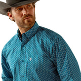 Ariat Mens Petey Classic Fit Dark Teal Print shirt, highlighting a stylish western look with a unique pattern.