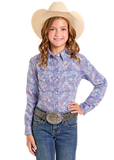 Panhandle Slim Youth Girls Long Sleeve print snap shirt with two pockets, perfect for stylish cowgirls.