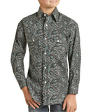 Rock & Roll Cowboy Boys' Paisley Snap Shirt in turquoise and black paisley print, long sleeve, snap front.