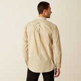 Back view of a man wearing an Ariat Men’s Conley Classic Fit Button Down Shirt in a patterned design.