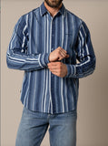 Kimes Ranch Tombstone Brush Popper long sleeve shirt in indigo with striped and patterned design.