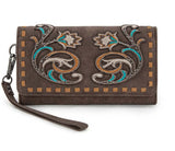 Embroidered Collection Wallet featuring floral applique, antique silver studs, and removable wristlet strap.