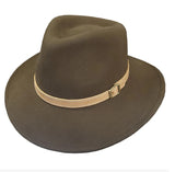 American Hat Makers Boondocks Fedora Hat made of wool with leather band and 2 3/4" brim in brown color.