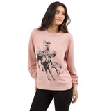 Women's Wrangler Retro® Crew Sweatshirt in Misty Rose with horse rider graphic design.