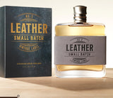 Leather Small Batch Vintage Label Cologne displayed in a stylish bottle with matching box, emphasizing its masculine allure.