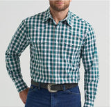 Wrangler Wrinkle Resist Long Sleeve Snap Shirt in White Teal plaid design, featuring flap pockets and western yokes.