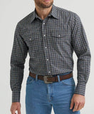 Wrangler Wrinkle Classic Fit black multi long sleeve pearl snap shirt displayed on a model.