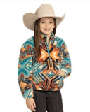 Girls wearing Rock & Roll Denim Aztec Print Sherpa 1/4 Zip Jacket with vibrant turquoise and orange colors.