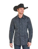 Man wearing a Rock & Roll Denim paisley printed long sleeve snap shirt with cowboy hat.