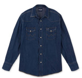 Wrangler Cowboy Cut Work Shirt in dark denim shown from the front, featuring long sleeves and snap buttons.