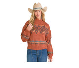 Rock & Roll Denim Ladies Orange Mock Neck Sweater with fringe design, styled with a cowboy hat.