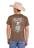 Rock & Roll Denim graphic tee in chocolate with Wild West whiskey design, worn by a man in a cowboy hat.
