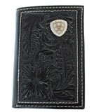 Ariat Mens Trifold Style Wallet Floral Embossed Shield Black