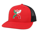 Hooey red and black trucker hat with embroidered logo and hybrid bill, perfect for casual wear.