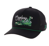 Hooey hat in black featuring a golf course landscape design and 'Cowboy Golf' embroidery.
