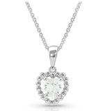 Frozen heart necklace featuring a clear heart-shaped stone with a silver-toned mini-ball border.