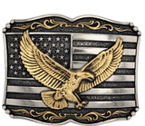 Soaring Liberty attitude buckle featuring an eagle and American flag design in silver and gold.