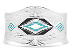 Stunning Southwestern skies cuff bracelet with etched silver tone and turquoise design contrasting against black.