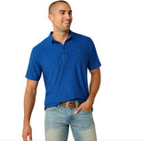 Ariat Mens charger 2.0 Fitted Short Sleeve Polo in Blue Quartz color, showcasing performance and sun protection.