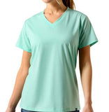 Womens Ariat Compass V-Neck T-Shirt in light blue, made of moisture-wicking fabric for comfort and performance.