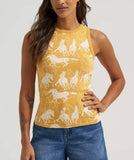 Wrangler Womens Printed Slim Goddess Tank Top in Marigold with galloping horses graphic print.