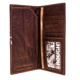 Interior view of the Hooey brown Aztec Roughy rodeo wallet showcasing genuine leather card slots and ID section.