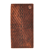 Hooey rodeo wallet in brown leather with Aztec design and woven logo liner, perfect fashion accessory.