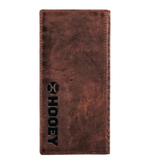 Hooey rodeo wallet in brown leather with heat-branded logo, stylish fashion accessory for cowboys.