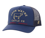 Hooey John Wayne hat in navy with yellow stitching and mesh back, featuring cattle design and OSFA snapback style.