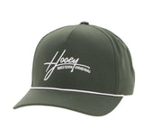 Hooey green hat with white stitching and curved bill, OSFA snapback, high-profile design.