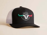Kimes Ranch Toluca Black Trucker Hat with embroidered logo and Mexican flag colors.