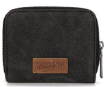 Front view of Wrangler black zip wallet with leather logo patch and sleek design.
