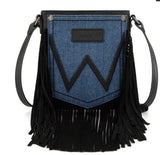 Wrangler Leather Fringe Jean Denim Pocket Crossbody in Black with stylish fringe detailing and unique denim pocket design.