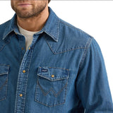 Wrangler denim long sleeve shirt in mid wash denim, showcasing classic style and comfort for everyday wear.