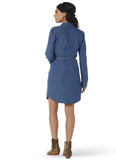 Back view of a woman wearing a Wrangler Women's Denim Western Dress, showcasing the belted design and classic denim material.