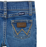 Back view of Wrangler® baby boy jeans in blue with signature branding and Western-style pocket design.
