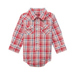 Wrangler® Baby Boy Bodysuit in Red, White & Blue Plaid with Long Sleeves and Snaps.