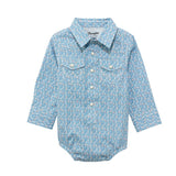Wrangler Baby Boy Long Sleeve Bodysuit in blue paisley design with pearl snaps.