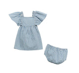 Wrangler® Baby Girl Denim Dress 2-piece Set in blue and white stripe with matching bloomers.