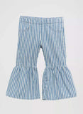 Wrangler Little Girl's Print Ruffle Flare Jean in Jayda with blue stripes and flared legs.