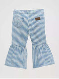 Wrangler Little Girl's Print Ruffle Flare Jean in Jayda with blue and white stripes and flared cuffs.