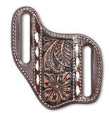 Ariat Pancake Knife Sheath featuring intricate floral filigree design in brown leather for stylish knife carry.