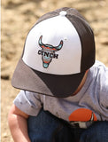 Cinch Boy's Trucker Cap with bull horns logo, ideal for young western fans, showcasing authentic ranch style.
