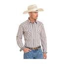 Panhandle Mens Rough Stock Maroon Stripe Snap Shirt worn by a man with a cowboy hat, showcasing western style.