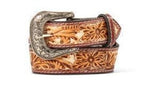 Ariat Boys Belt 1 1/4" Floral Hand Tooled Painted Tan with decorative buckle and intricate floral design.