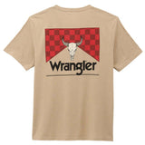 Back view of Wrangler graphic t-shirt in trench coat heather with red checker pattern and bull skull design.