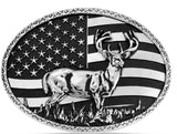 Montana Silversmiths Hunter's Stars & Stripes Belt Buckle featuring a deer and American flag design.