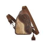 Angel Ranch Bea Sling Bag featuring embossed brown leather and brindle calf hair, perfect for western style.